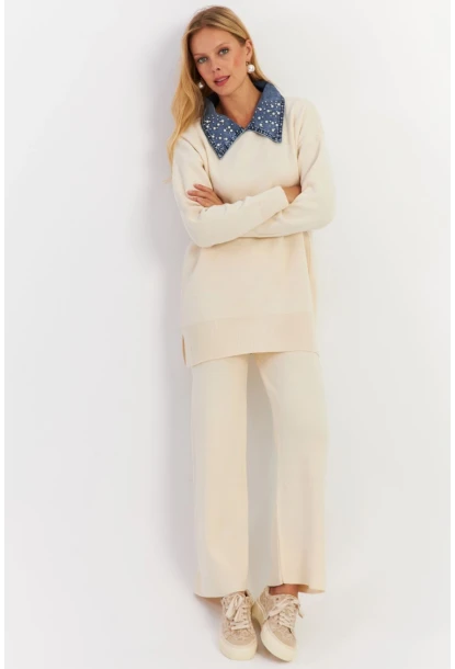 Kadın Ekru Denim Yakalı İncili Alt Üst Triko Takım NUV22