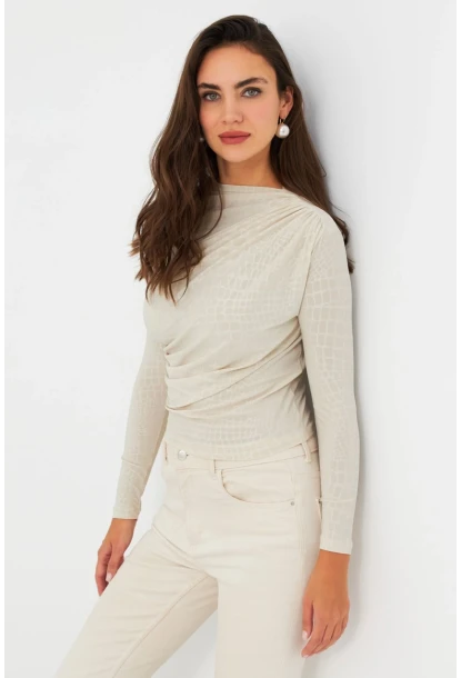 Kadın Ekru Desenli Büzgülü Bluz LPP1279
