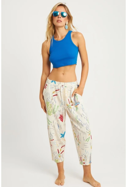 Kadın Ekru Desenli Keten Şalvar Pantolon K1253