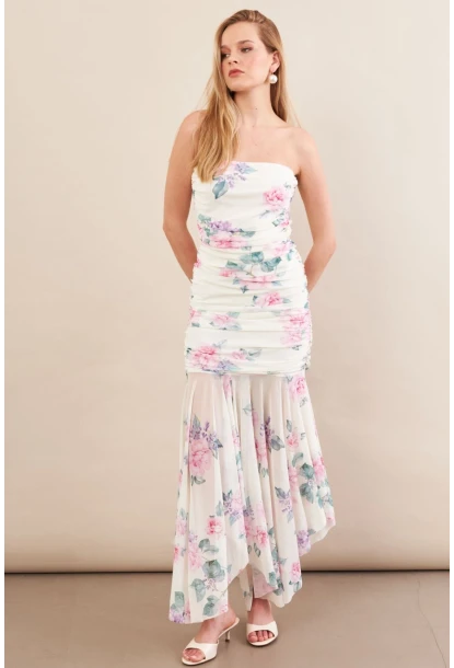 Kadın Ekru Drapeli Straplez Midi Tül Elbise ERL101