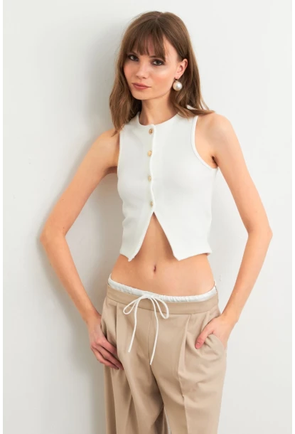 Kadın Ekru Düğme Detaylı Bluz CY354