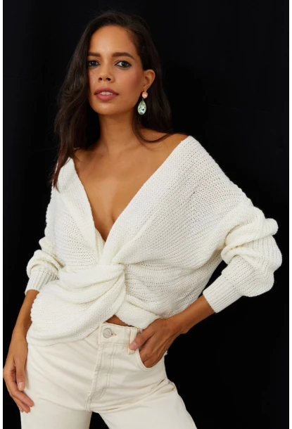 Kadın Ekru Düğümlü Triko Bluz MSS118