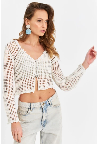 Kadın Ekru File Hırka DS201-90