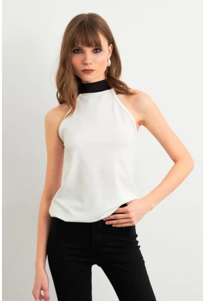 Kadın Ekru Fiyonklu Pencereli Kolsuz Bluz EY3042