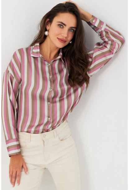 Kadın Ekru-Fuşya Desenli Saten Gömlek MSHR500