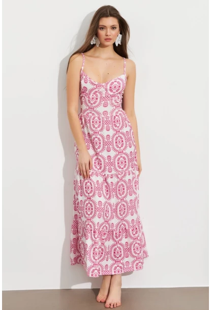 Kadın Ekru-Fuşya Sırt Dekolteli Desenli Maxi Elbise LİT110