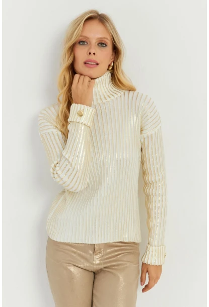 Kadın Ekru-Gold Düğme Detaylı Varaklı Triko Kazak SF2532