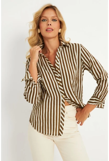 Kadın Ekru-Haki Çizgili Gömlek KED709
