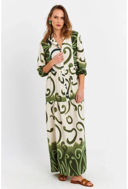 Kadın Ekru-Haki Desenli Salaş Maxi Elbise MASF0020