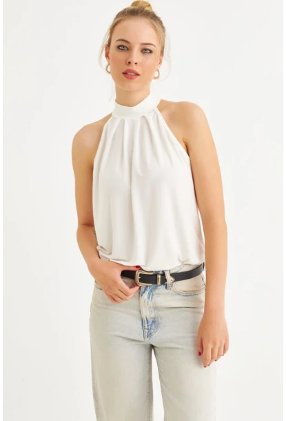 Kadın Ekru Halter Yaka Desenli Bluz LPP1273