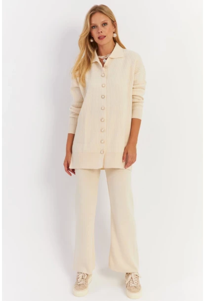 Kadın Ekru İnci Düğmeli Hırka Triko Alt Üst Takım MNUV26