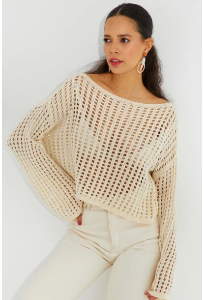 Kadın Ekru İspanyol Kol Ajurlu Triko Kısa Bluz SMT181