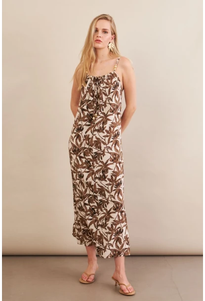 Kadın Ekru-Kahve Boyun Bağlamalı Midi Elbise AN6005