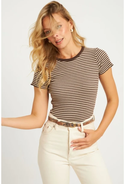 Kadın Ekru-Kahve Çizgili Bluz XL2005