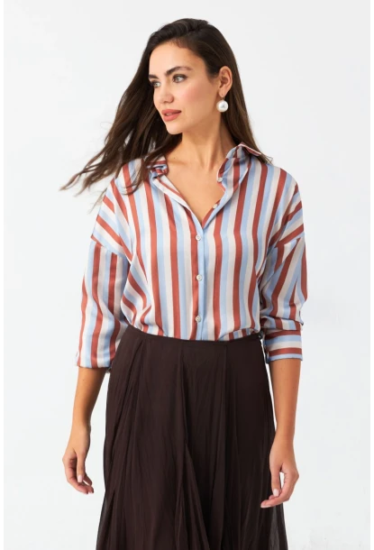 Kadın Ekru-Kahve Çizgili Saten Gömlek SHR9