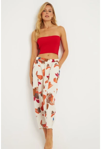 Kadın Ekru-Kahve Desenli Keten Şalvar Pantolon K1253