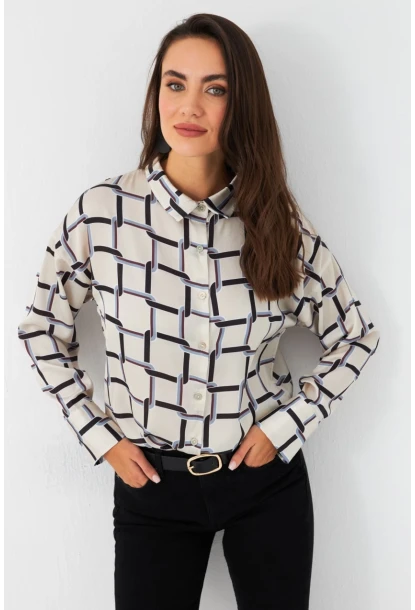 Kadın Ekru-Kahve Desenli Saten Gömlek MSHR500