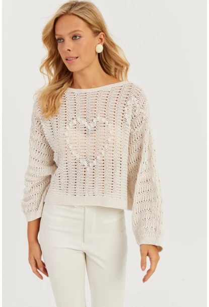 Kadın Ekru Kalpli Ajurlu Triko Bluz MİW3761