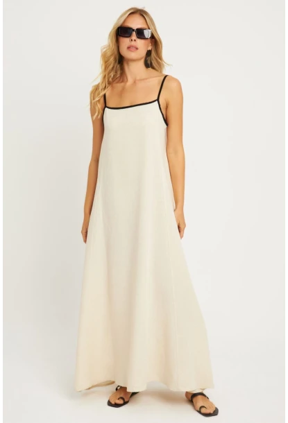 Kadın Ekru Keten Midi Elbise GÇ174