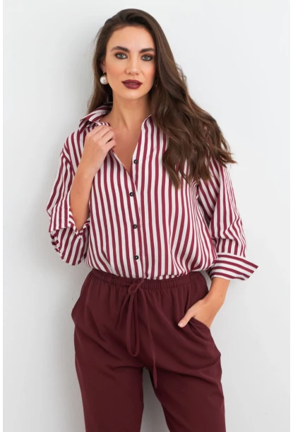 Kadın Ekru-Kiremit Çizgili Salaş Gömlek ELA6932