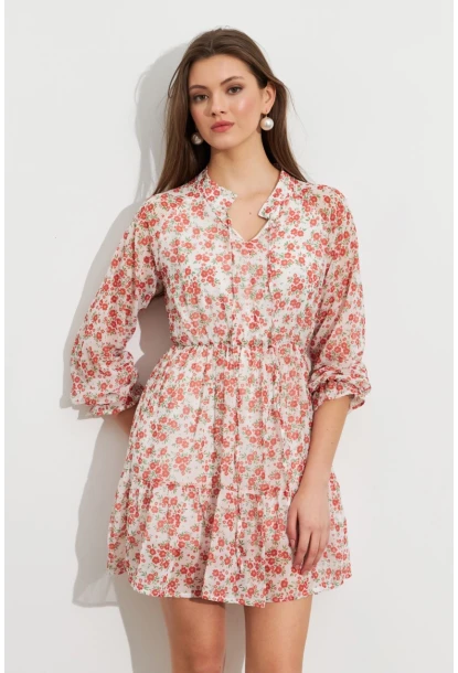 Kadın Ekru-Kırmızı Desenli Şifon Mini Elbise ROP107