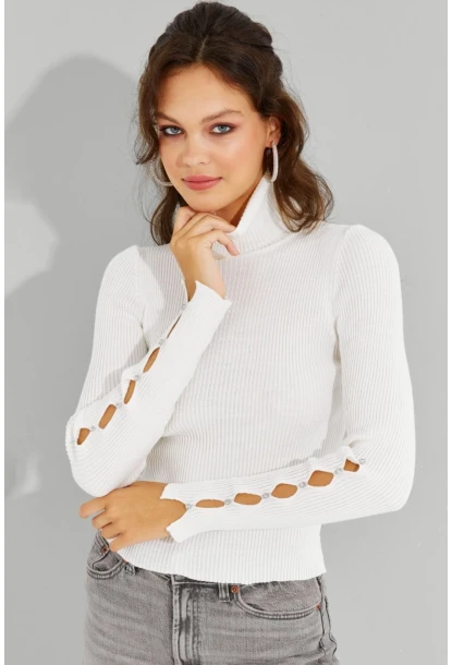 Kadın Ekru Kolları Taş Detaylı Balıkçı Kazak SF2185