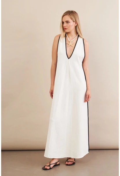 Kadın Ekru Kontrast Çizgili Maxi Keten Elbise MSİ101