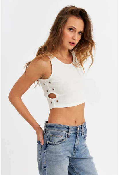 Kadın Ekru Küş Gözlü Crop Bluz ANT101