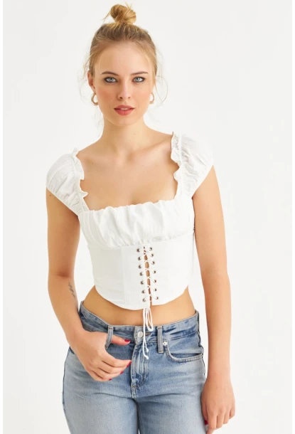 Kadın Ekru Kuş Gözlü Crop Bluz YEL221128