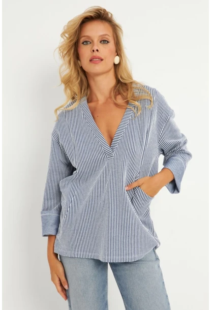 Kadın Ekru-Lacivert Çizgili Cepli Sweatshirt TF01