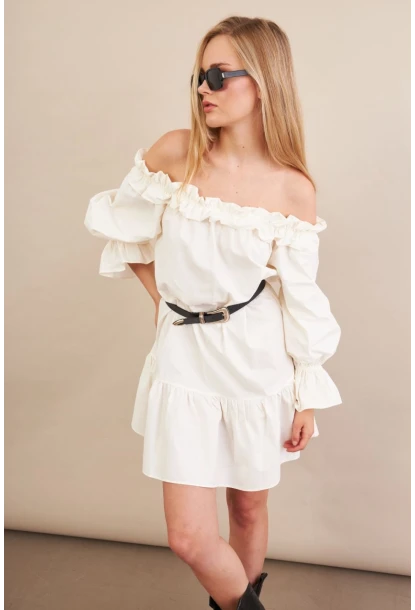 Kadın Ekru Madonna Yaka Midi Elbise PSG1012