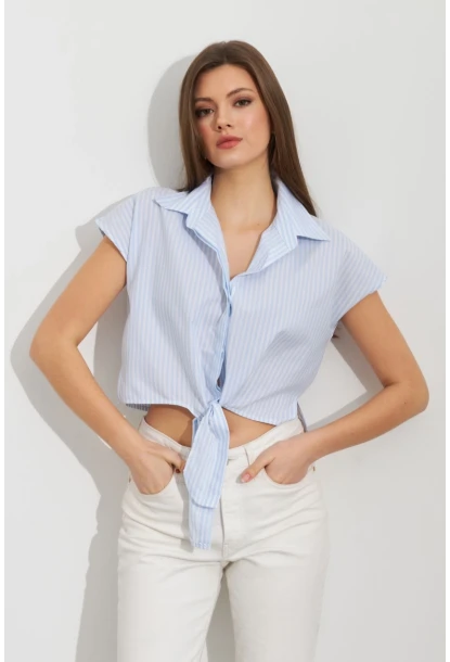 Kadın Ekru-Mavi Çizgili Bağlamalı Crop Gömlek MPC306
