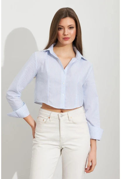 Kadın Ekru-Mavi Çizgili Crop Gömlek MPC305
