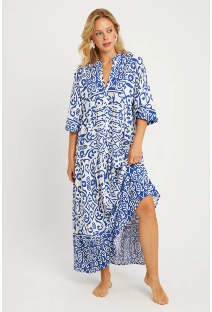 Kadın Ekru-Mavi Desenli Midi Elbise GÇ169