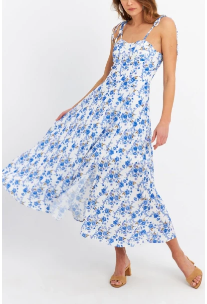 Kadın Ekru-Mavi İp Askılı Çiçekli Midi Elbise ERL10013