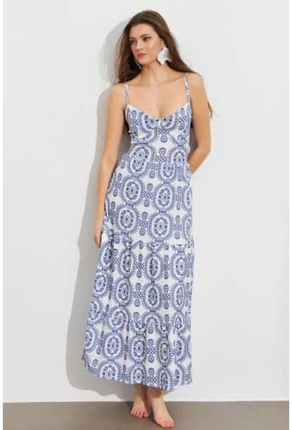Kadın Ekru-Mavi Sırt Dekolteli Desenli Maxi Elbise LİT110