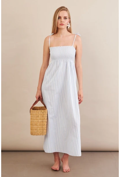 Kadın Ekru-Mavi Straplez çizgili Plaj Elbisesi OR502