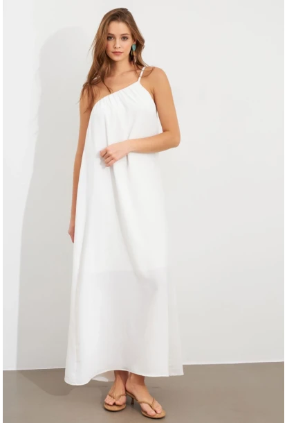 Kadın Ekru Tek Omuz Maxi Elbise İRE1012