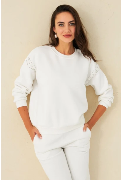 Kadın Ekru Omuzları İnci Detaylı Sweatshirt DY1424