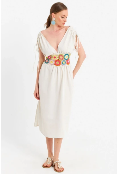 Kadın Ekru Ön Arka V Nakışlı Midi Elbise ELT180