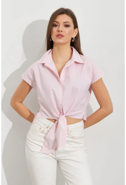 Kadın Ekru-Pembe Çizgili Bağlamalı Crop Gömlek MPC306