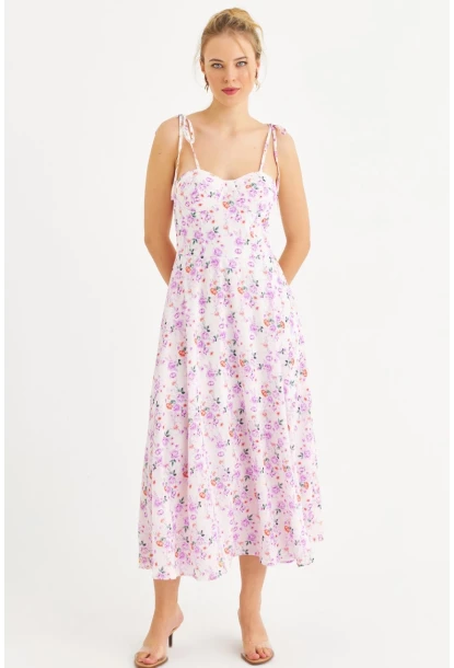 Kadın Ekru-Pembe İp Askılı Çiçekli Midi Elbise ERL10013