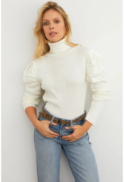Kadın Ekru Prenses Kol Balıkçı Yaka Triko Bluz MSF2555