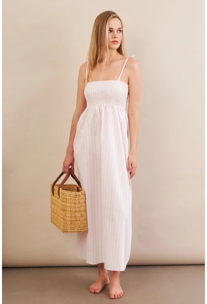 Kadın Ekru-Pudra Straplez Çizgili Plaj Elbisesi OR502