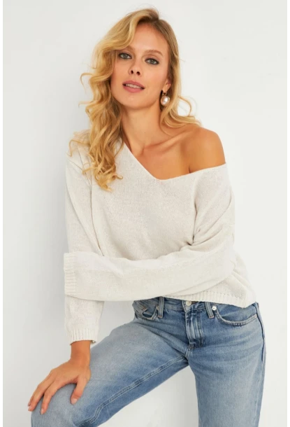 Kadın Ekru Salaş Kısa Triko Bluz YV281