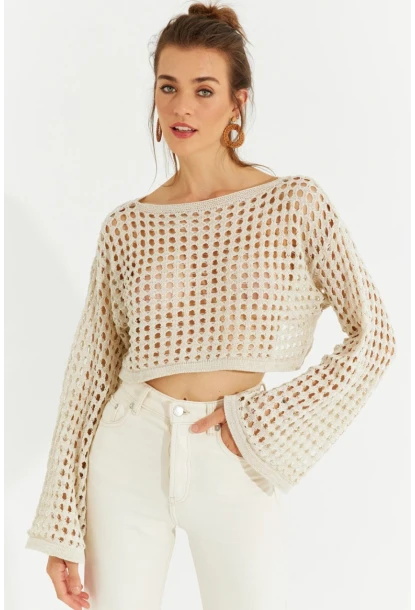 Kadın Ekru Simli Ajurlu Triko Kısa Bluz YV141