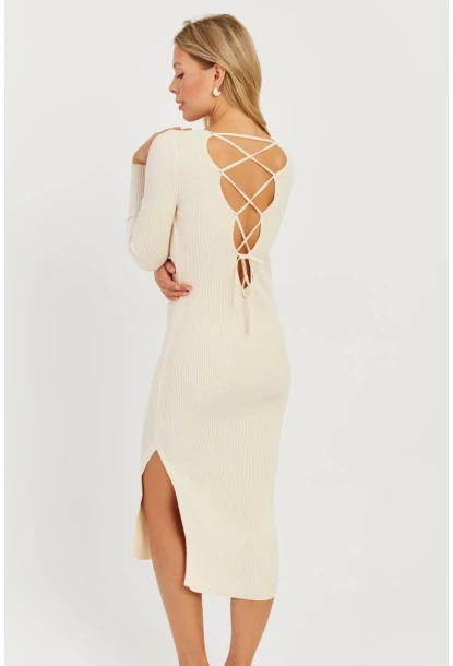 Kadın Ekru Sırtı Çapraz Triko Midi Elbise YZ407