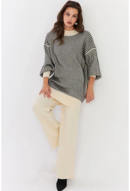 Kadın Ekru-Siyah Alt Üst Pantalon Triko Takım NUV35