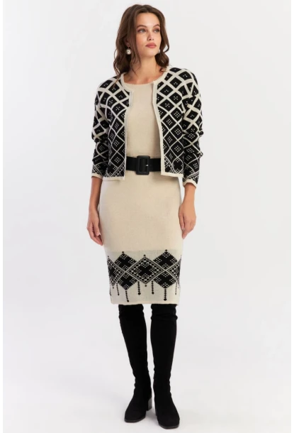 Kadın Ekru-Siyah Alt Üst Triko Desenli Takım NUV2028