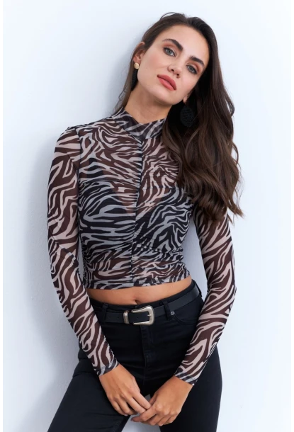 Kadın Ekru-Siyah Büzgülü Desenli Tül Bluz AYD379